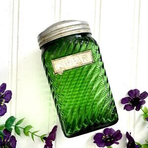 Vintage Owens Illinois Green Hoosier Glass Ribbed Swirl Jars SUGAR Rusty Label